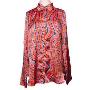 Chloe Dao Colorful Button Up Satin Top Sz S Retro Swirl Psychedelic Mod Groovy